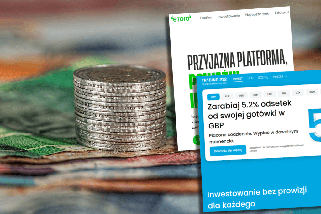 Reklamy eToro i Trading 212 na tle zdjęcia monet i banknorów euro. Fot. Steve Buissinne/Pixabay