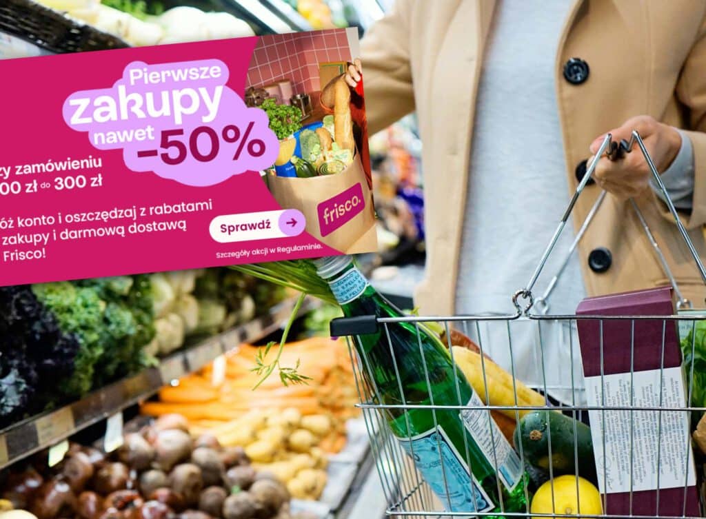 Warunki promocji Frisco na tle zdjęcia osoby robiącej zakupy spożywcze