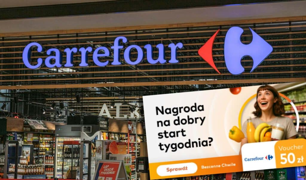 Na zdjęciu grafika przedstawiająca warunki promocji 50 zł za zakupy w Carrefour na tle wejścia do sklepu Carrefour