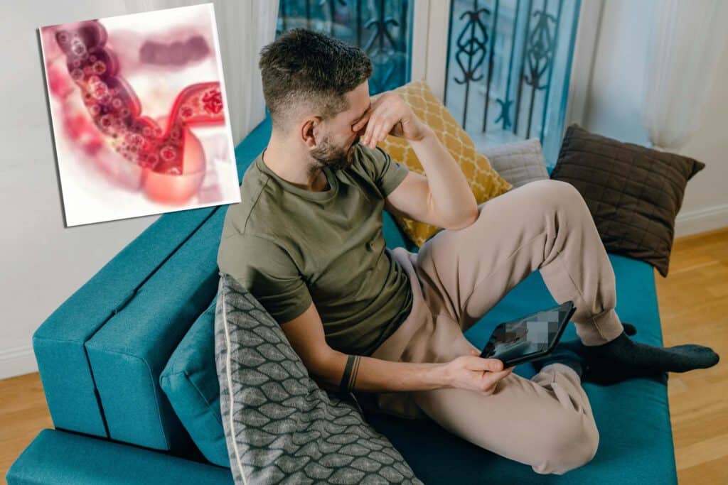 Na zdjęciu załamany trzydziestolatek i grafika przedstawiająca raka jelita